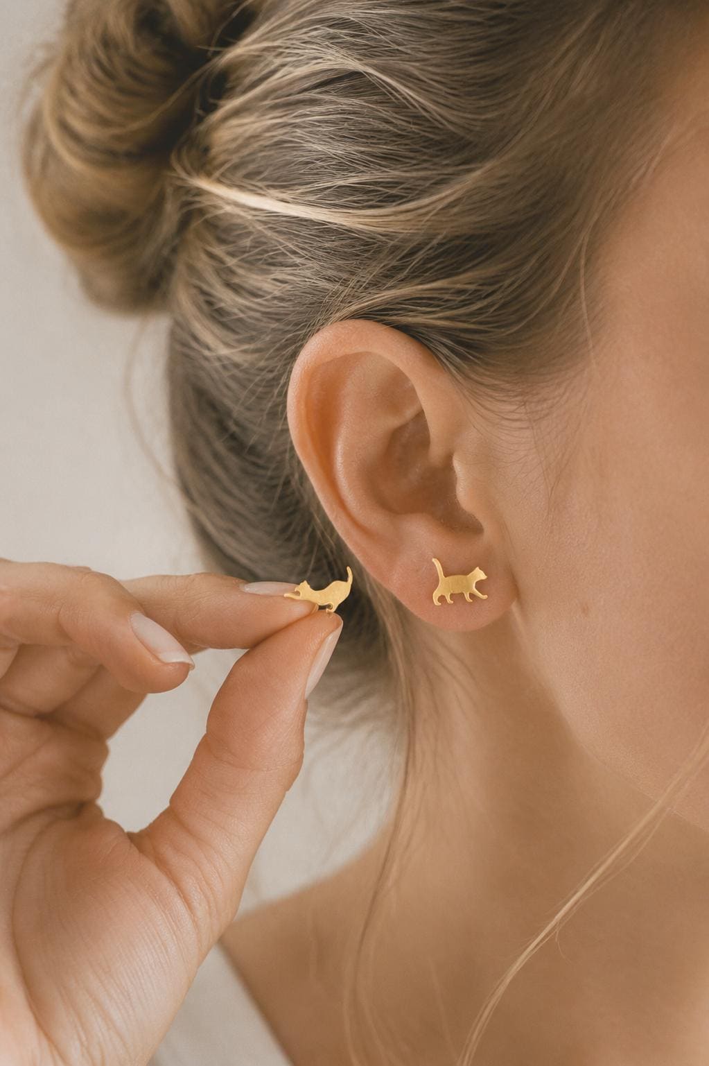 10pcs Gold/ Silver Cat Asymmetry Earrings, Gold/ Rhodium Plated Brass Minimalist Stud Earrings (GB-4094-A)
